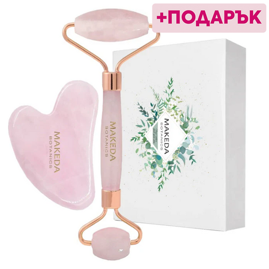Комплект двоен масажен ролер и гуа ша РОЗОВ КВАРЦ